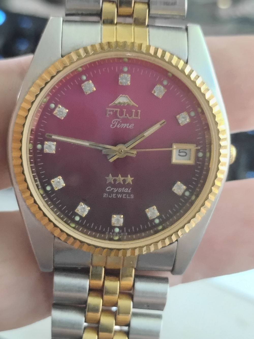 Mens Unisex Two-Tone Gold & Silver with Bourbon Dial Fuji Time 21 Jewels Test